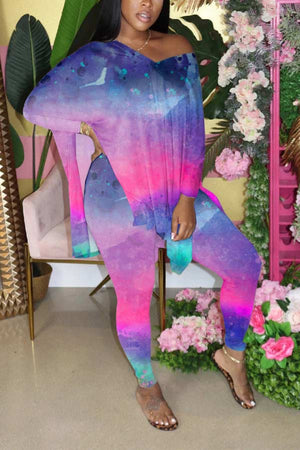 Fashion Loose Tie-dye V Neck T-shirt Trousers Set