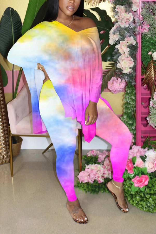 Fashion Loose Tie-dye V Neck T-shirt Trousers Set