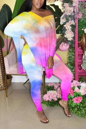 Fashion Loose Tie-dye V Neck T-shirt Trousers Set