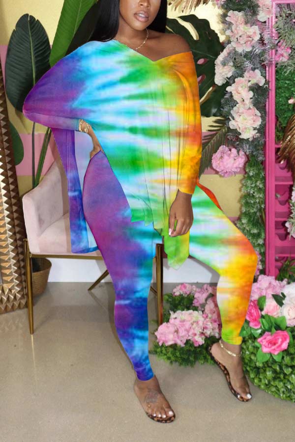 Fashion Loose Tie-dye V Neck T-shirt Trousers Set