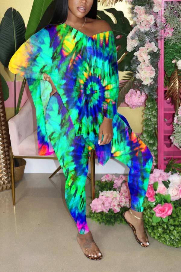 Fashion Loose Tie-dye V Neck T-shirt Trousers Set