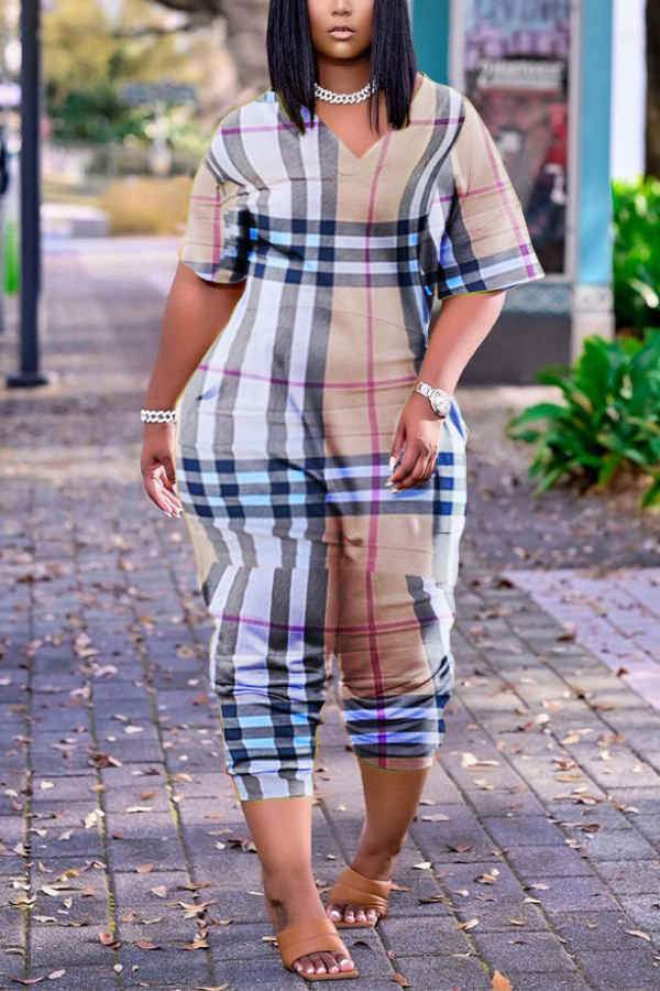 Fashion Loose V Neck Plaid Jumpsuit