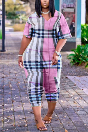 Fashion Loose V Neck Plaid Jumpsuit