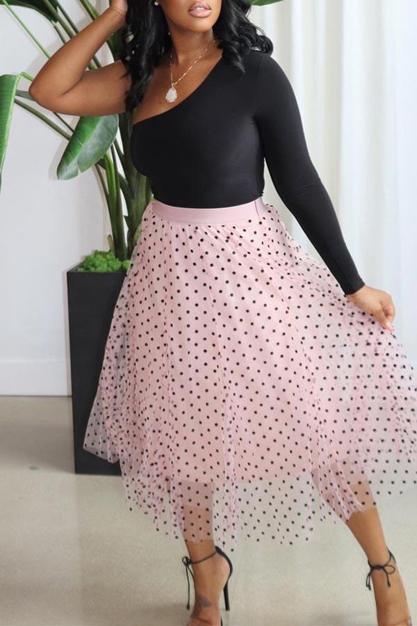 Fashion Oblique Collar Dot Print Skirts Set