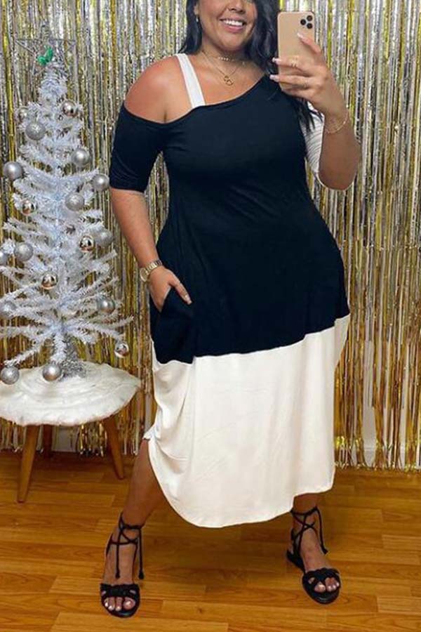 Fashion Oblique Shoulder Color Stitching Dress