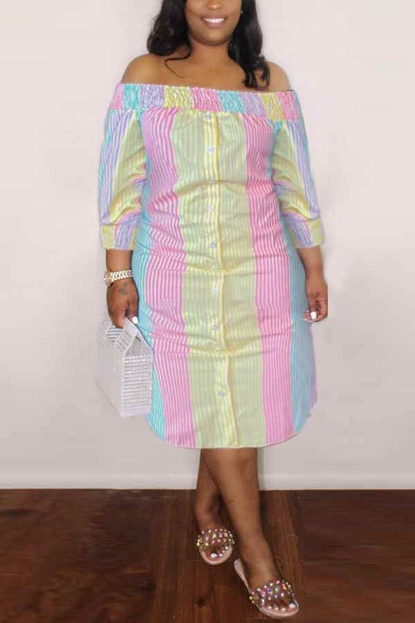 Fashion Off The Shoulder Stripe Plus Size Dress