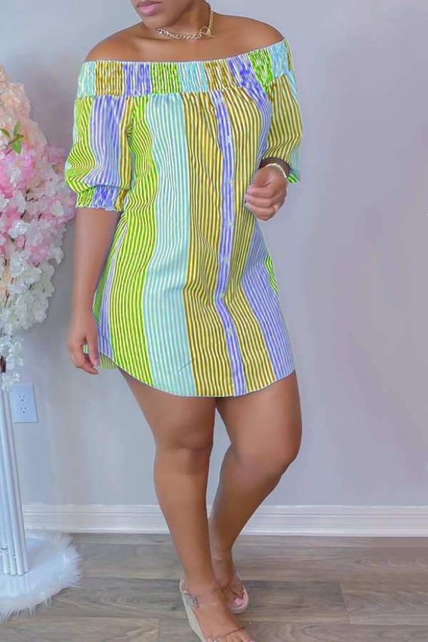 Fashion Off The Shoulder Stripe Short Dress