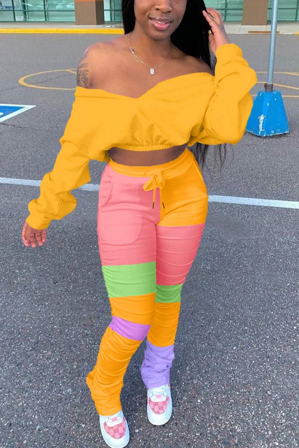 Fashion Patchwork Batwing Sleeve Top Pleated Pants Set