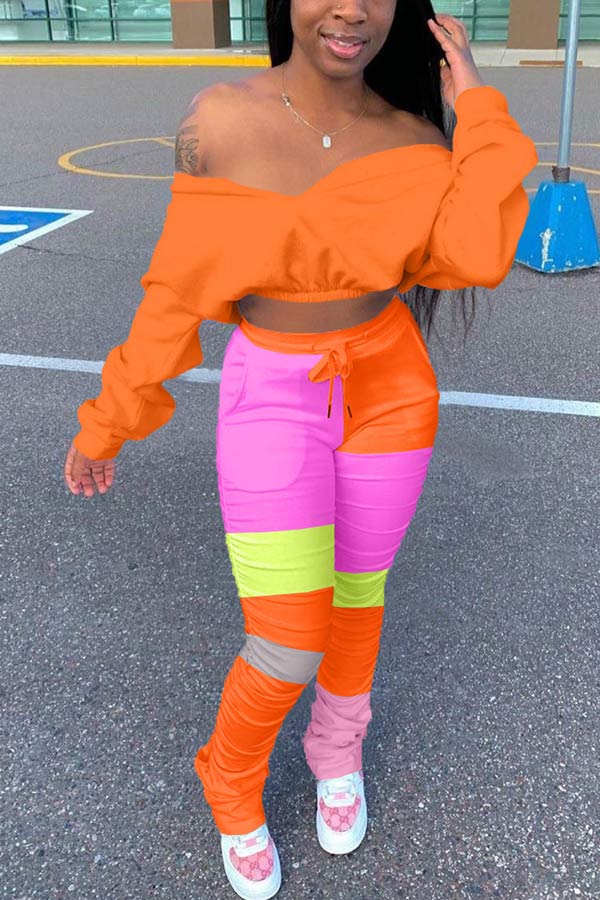 Fashion Patchwork Batwing Sleeve Top Pleated Pants Set