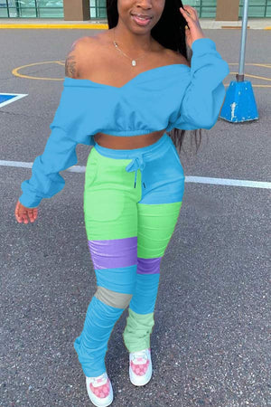 Fashion Patchwork Batwing Sleeve Top Pleated Pants Set