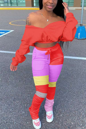 Fashion Patchwork Batwing Sleeve Top Pleated Pants Set