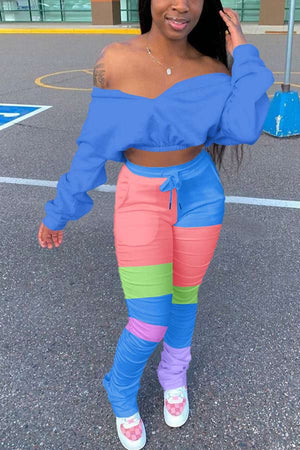 Fashion Patchwork Batwing Sleeve Top Pleated Pants Set