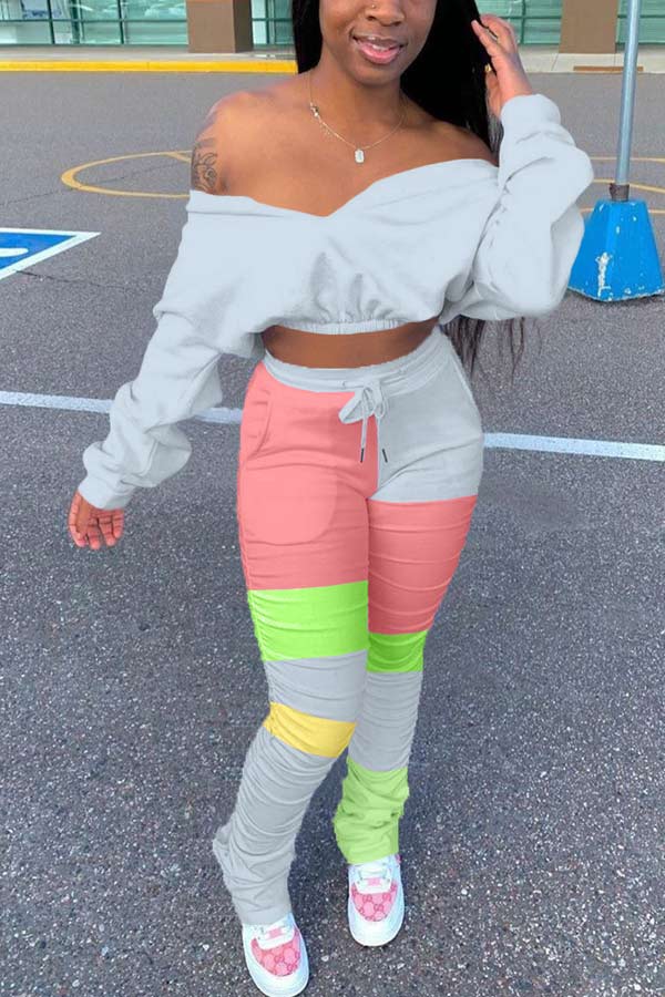 Fashion Patchwork Batwing Sleeve Top Pleated Pants Set