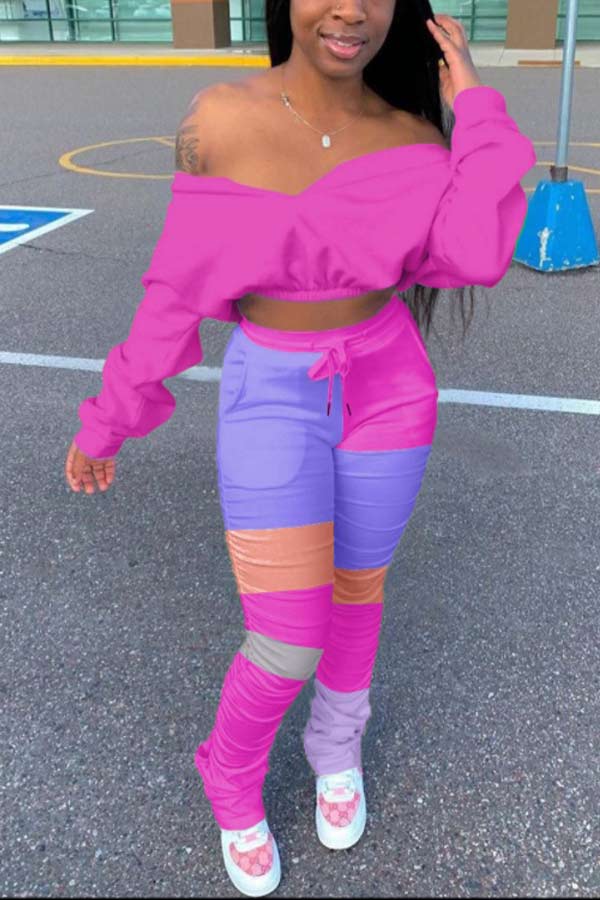 Fashion Patchwork Batwing Sleeve Top Pleated Pants Set