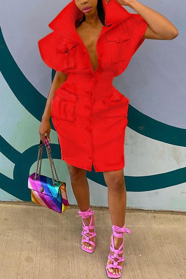 Fashion Personality Pocket Solid Color Dress