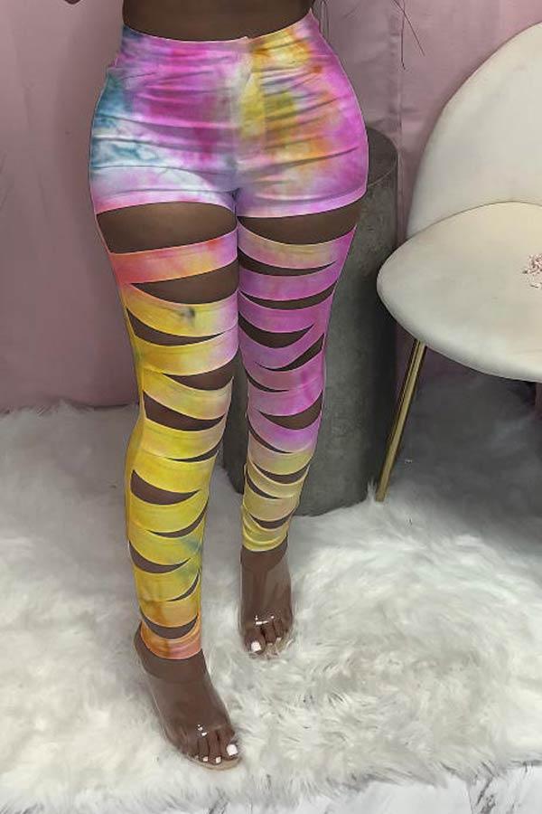 Fashion Personality Tie-dye Print Ripped Trousers