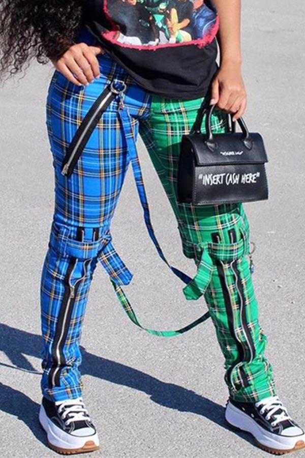 Fashion Plaid Print Mid Waist Trousers