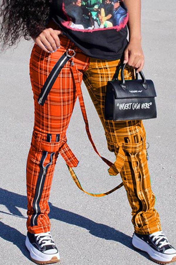 Fashion Plaid Print Mid Waist Trousers