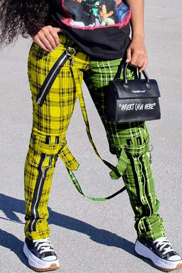 Fashion Plaid Print Mid Waist Trousers