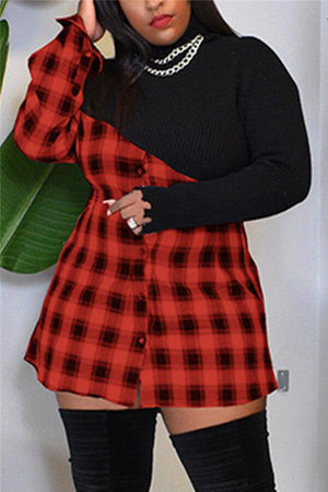 Fashion Plaid Print Split Joint Turtleneck Dress