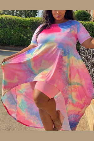 Fashion Plus Size Asymmetric Tie Dye Print Dress