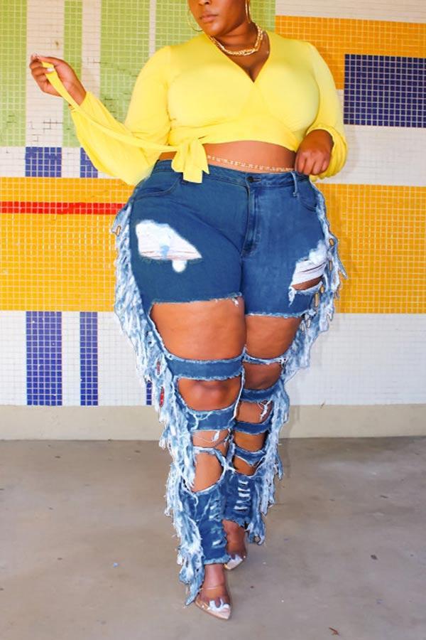 Fashion Plus Size fringe Ripped Jeans