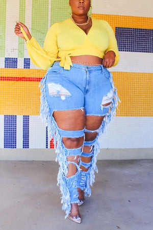 Fashion Plus Size fringe Ripped Jeans