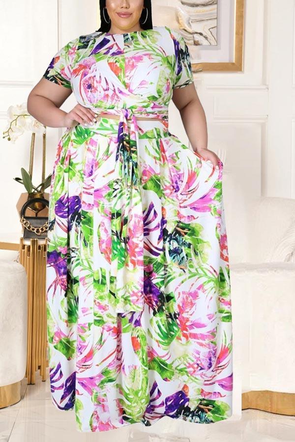 Fashion Plus Size Printed Big Swing Skirt Set