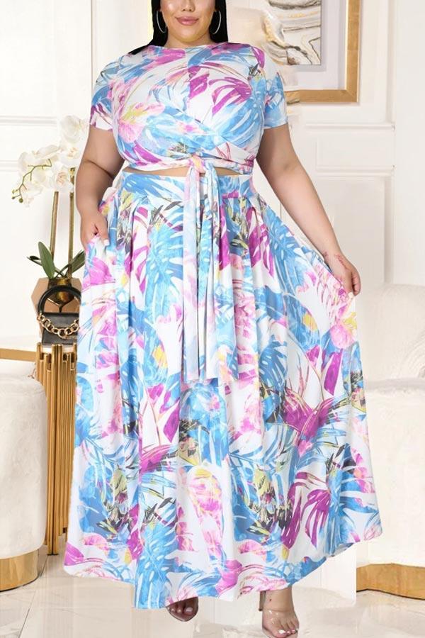 Fashion Plus Size Printed Big Swing Skirt Set