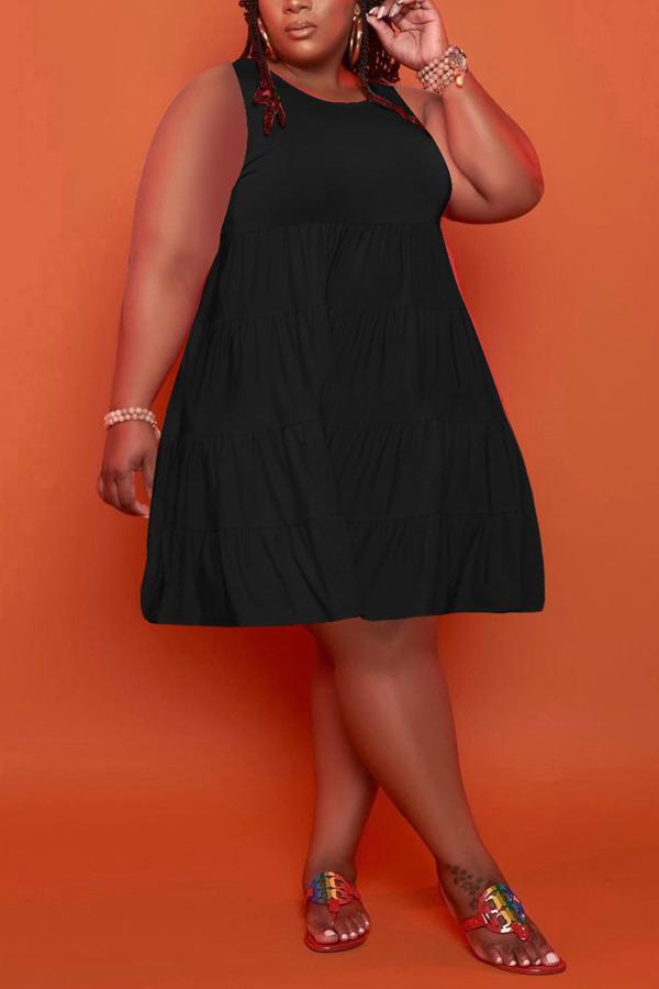 Fashion Plus Size Sleeveless Solid Frill Dress