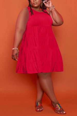 Fashion Plus Size Sleeveless Solid Frill Dress