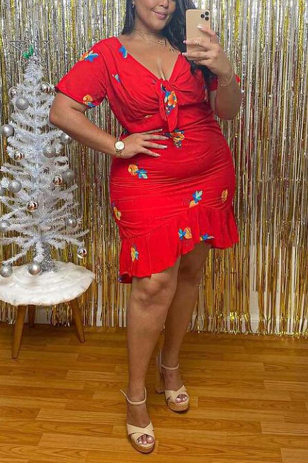 Fashion Plus Size Slim Ruffled Print Dress