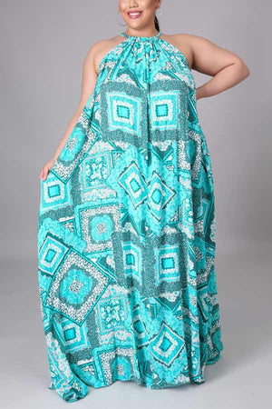 Fashion Print Halter Neck Backless Maxi Dress