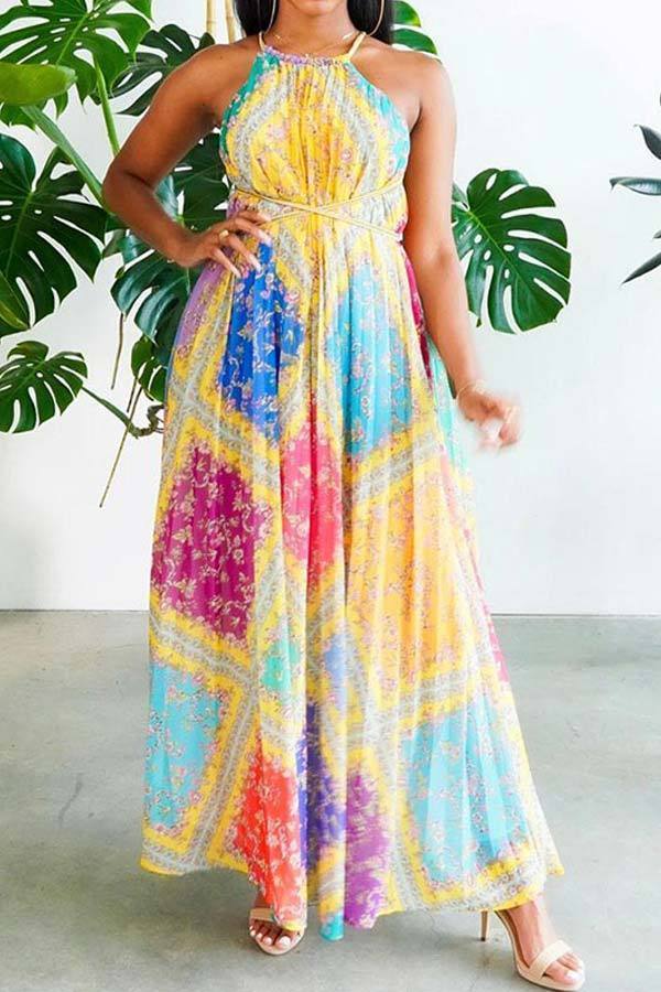 Fashion Print Halter Neck Backless Maxi Dress