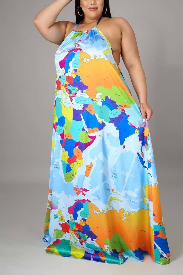 Fashion Print Halter Neck Backless Maxi Dress