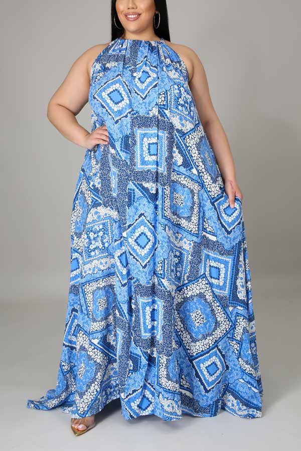 Fashion Print Halter Neck Backless Maxi Dress