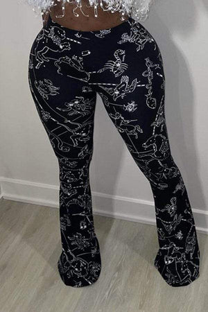 Fashion Print Mid Waist Flare Trousers