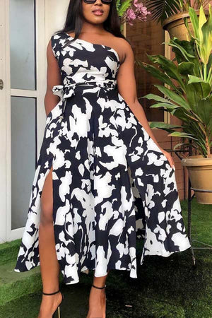 Fashion Print One Shoulder Split Dress