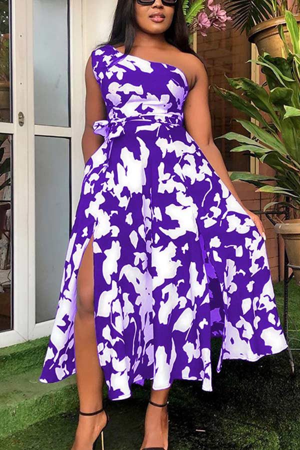 Fashion Print One Shoulder Split Dress