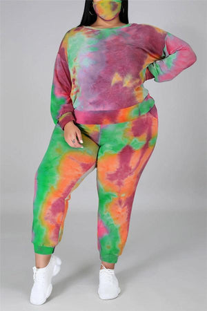 Fashion Print Tie Dye Backless Plus Size Set