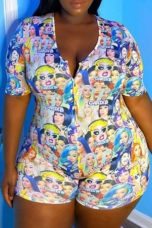 Fashion Print V Neck Plus Size Romper