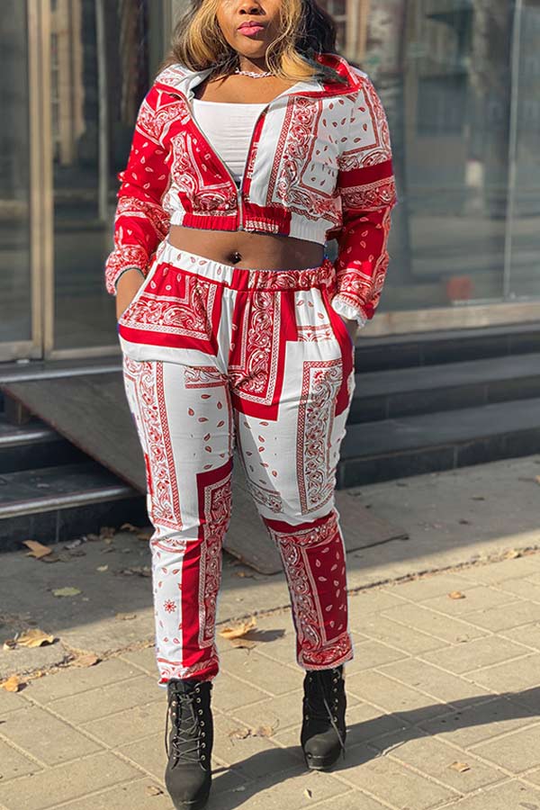 Fashion Print Zipper Short Jacket Trousers Set