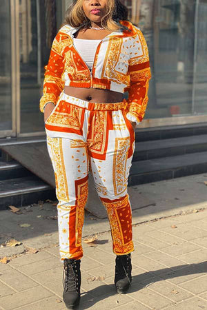 Fashion Print Zipper Short Jacket Trousers Set