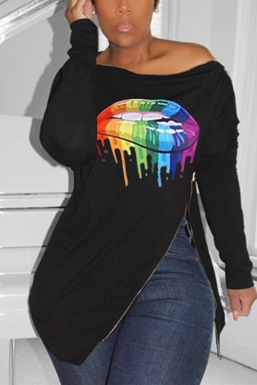 Fashion Printing Long Sleeve Irregular T-Shirt