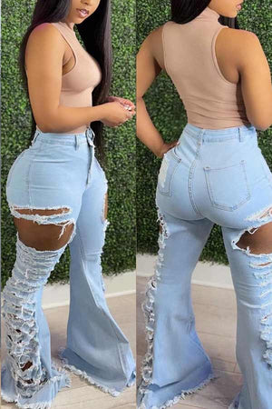 Fashion Ripped High Waist Flare Denim Pants