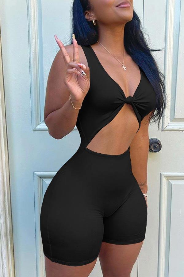 Fashion Sexy Hollow Solid Color Romper
