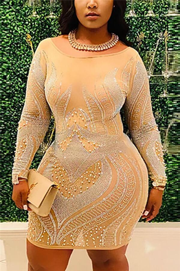 Fashion Sexy Patchwork Beading Plus Size Dress