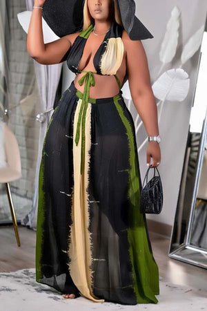 Fashion Sexy Plus Size Mesh  Patchwork Maxi Skirt Set