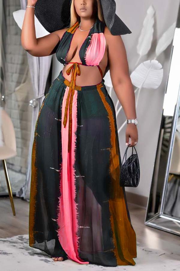 Fashion Sexy Plus Size Mesh  Patchwork Maxi Skirt Set