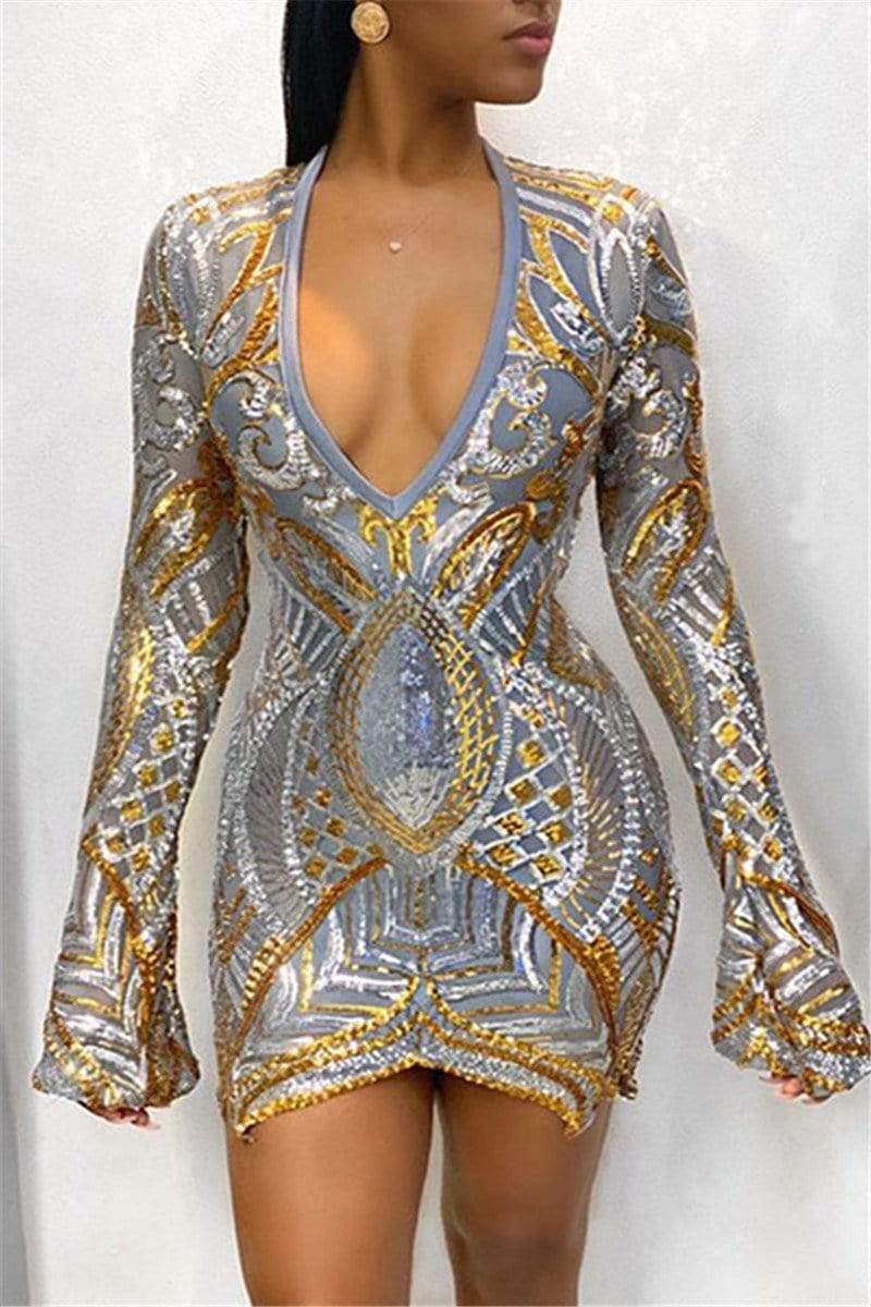 Fashion Sexy Sequin V-Neck Dress